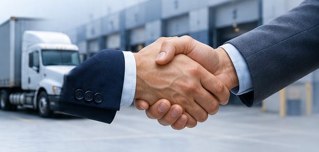 Business handshake in front of a distribution warehouse, symbolizing Ever Soft partnerships