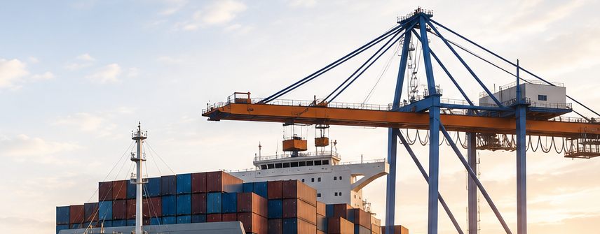 Container ship and crane at a U.S. port, representing Ever Soft's global supply chain