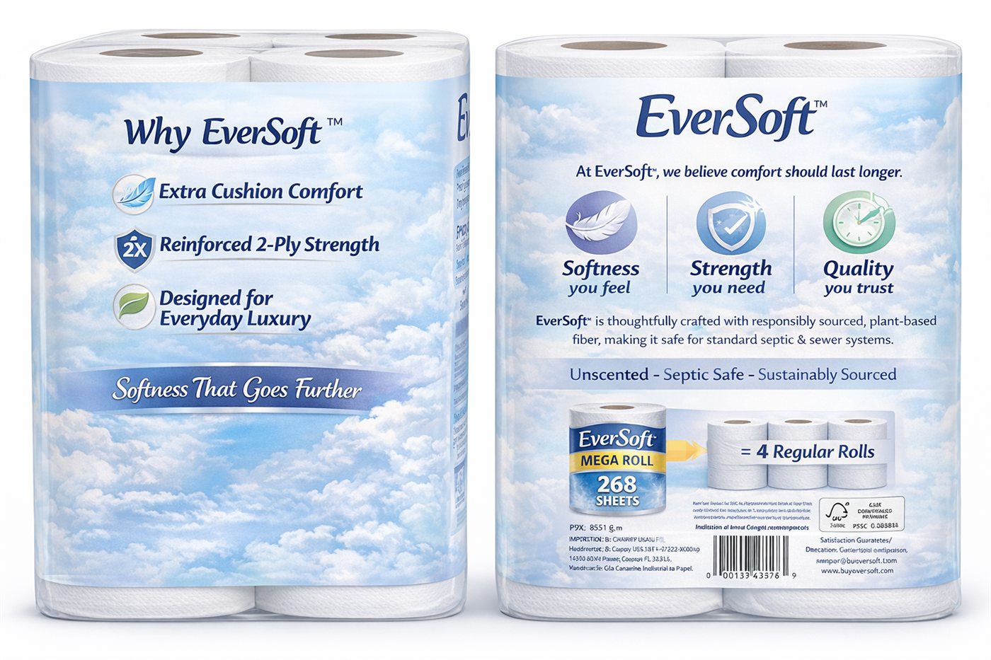 Ever Soft Mega Roll compared to four regular rolls, showing extra sheet count