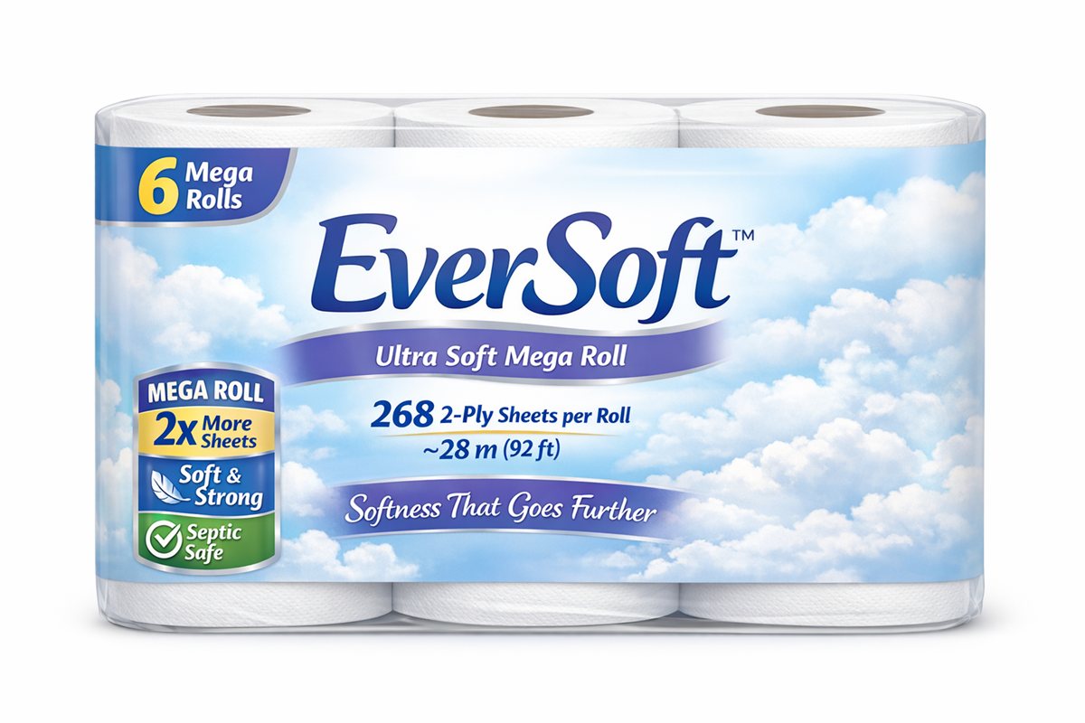 EverSoft Ultra Soft Mega Roll, 6-pack premium bathroom tissue